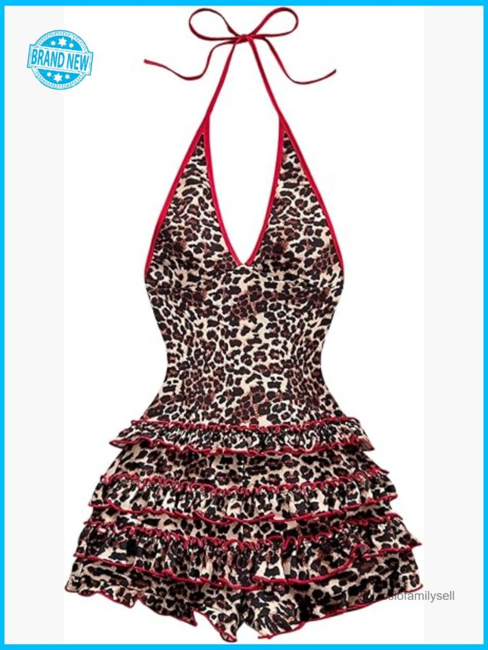 Leopard Print Sleeveless Halter Romper Y2K Contrast Binding Shorts Jumpsuit